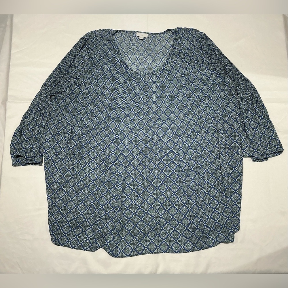 J Jill Shirt Blouse Womens 2X Blue‎ Paisley Pattern Dolman Sleeve Ribbed Boho